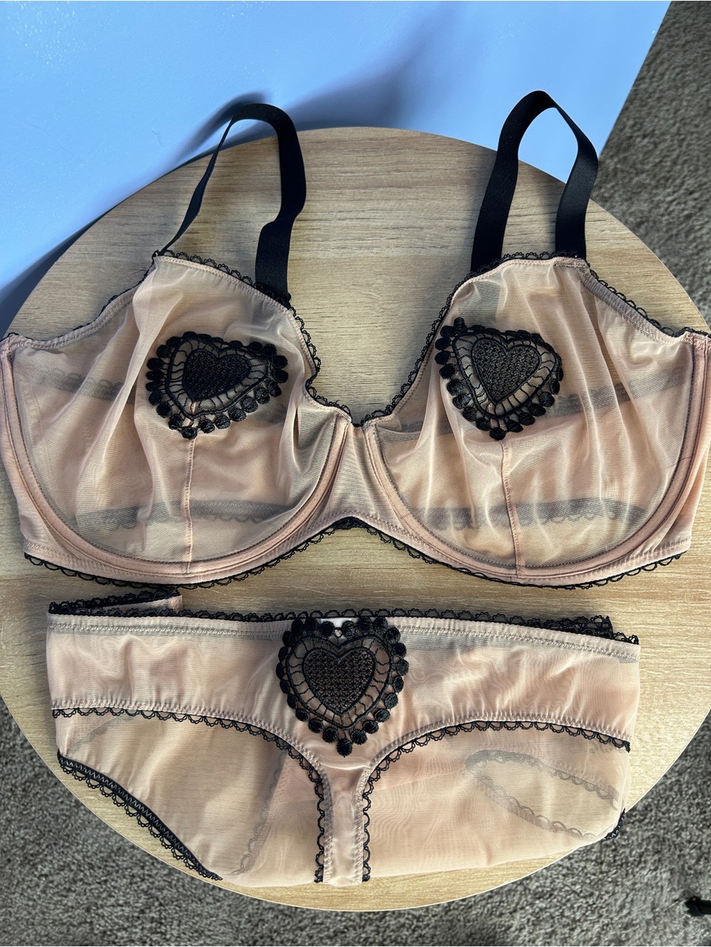 Adore Me Alyshia Sheer Nude and Black Heart Embroidered Bra & Thong Set